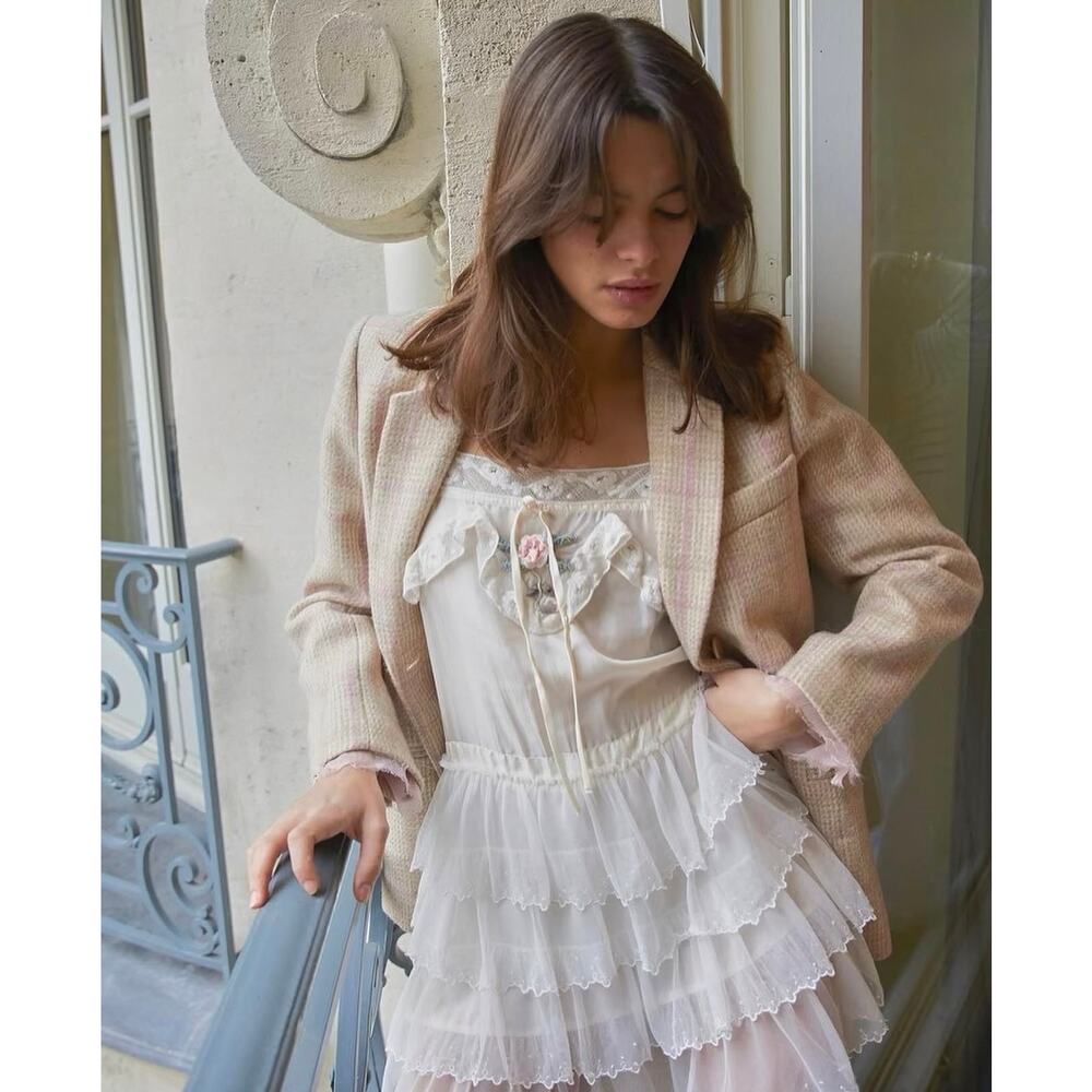 LoveShackFancy NWT Myrna Large Slip Mini Dress Ivory Silk Ruffle Lace $495 - Picture 6 of 16
